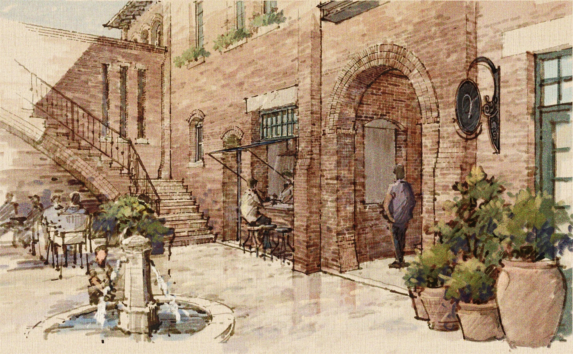 Watercolor rendering of Apollo Workspace's interior courtyard — stairs, fountain, brick arches, balcony detail.