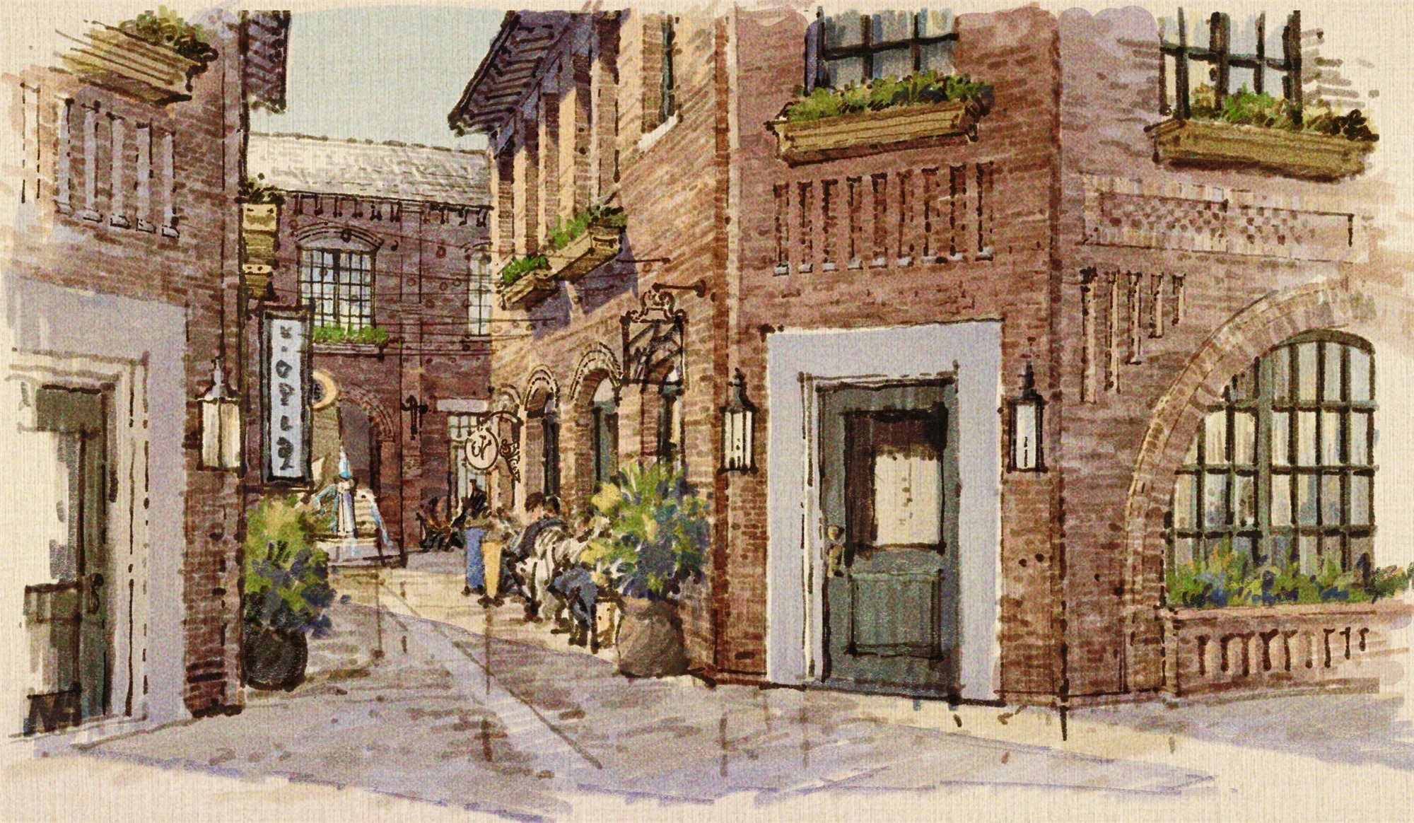 Watercolor rendering of Apollo Workspace at street level — two-story brick storefronts with dormers above.