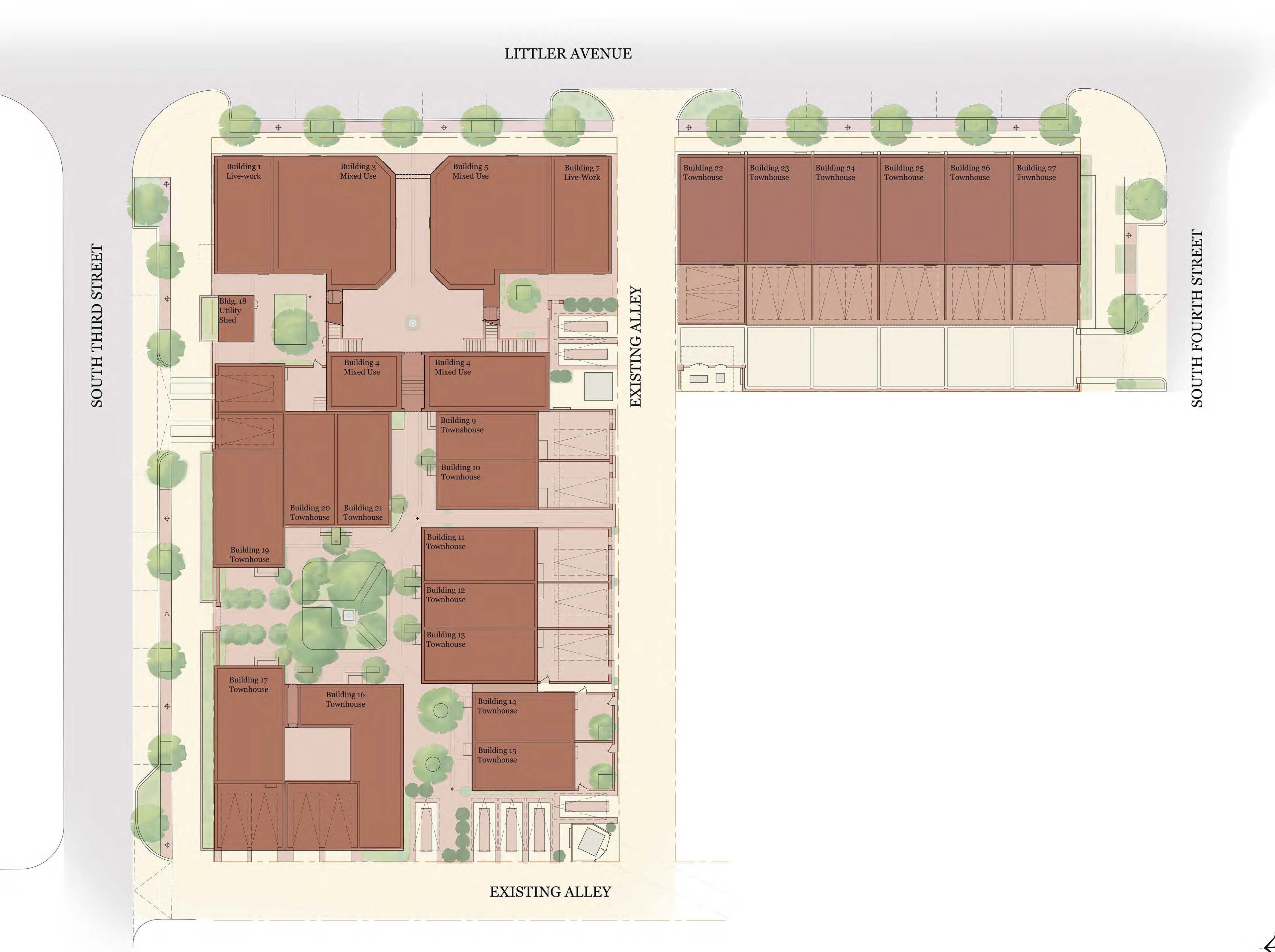Townsend site plan: live-work and mixed-use buildings around courtyards, with townhomes lining Littler Avenue and South Third and Fourth Streets in downtown Edmond.