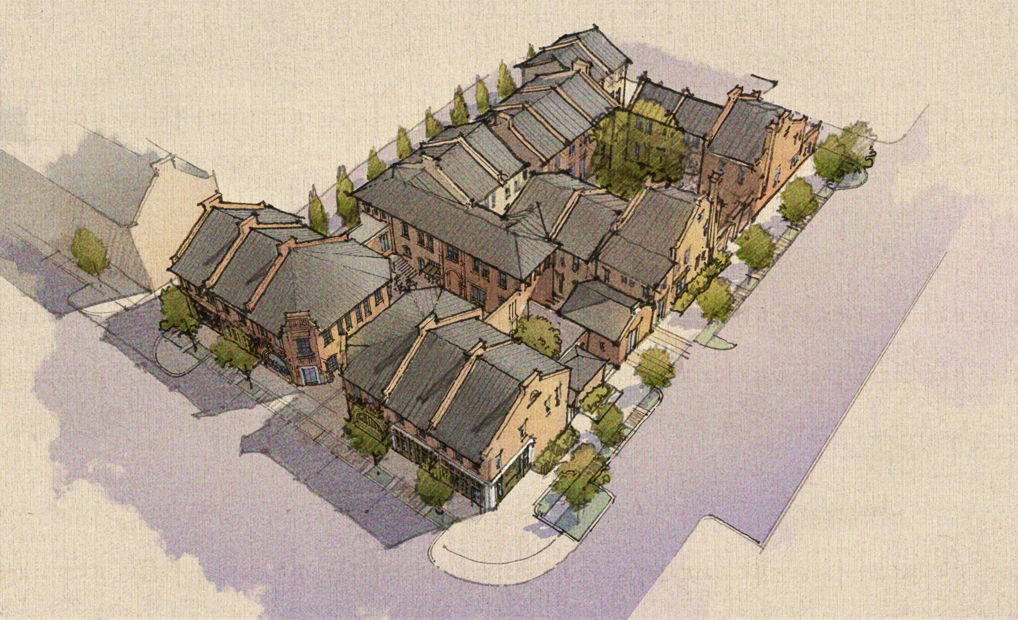 Architectural rendering of Townsend in downtown Edmond, showing the block of attached masonry townhomes from above