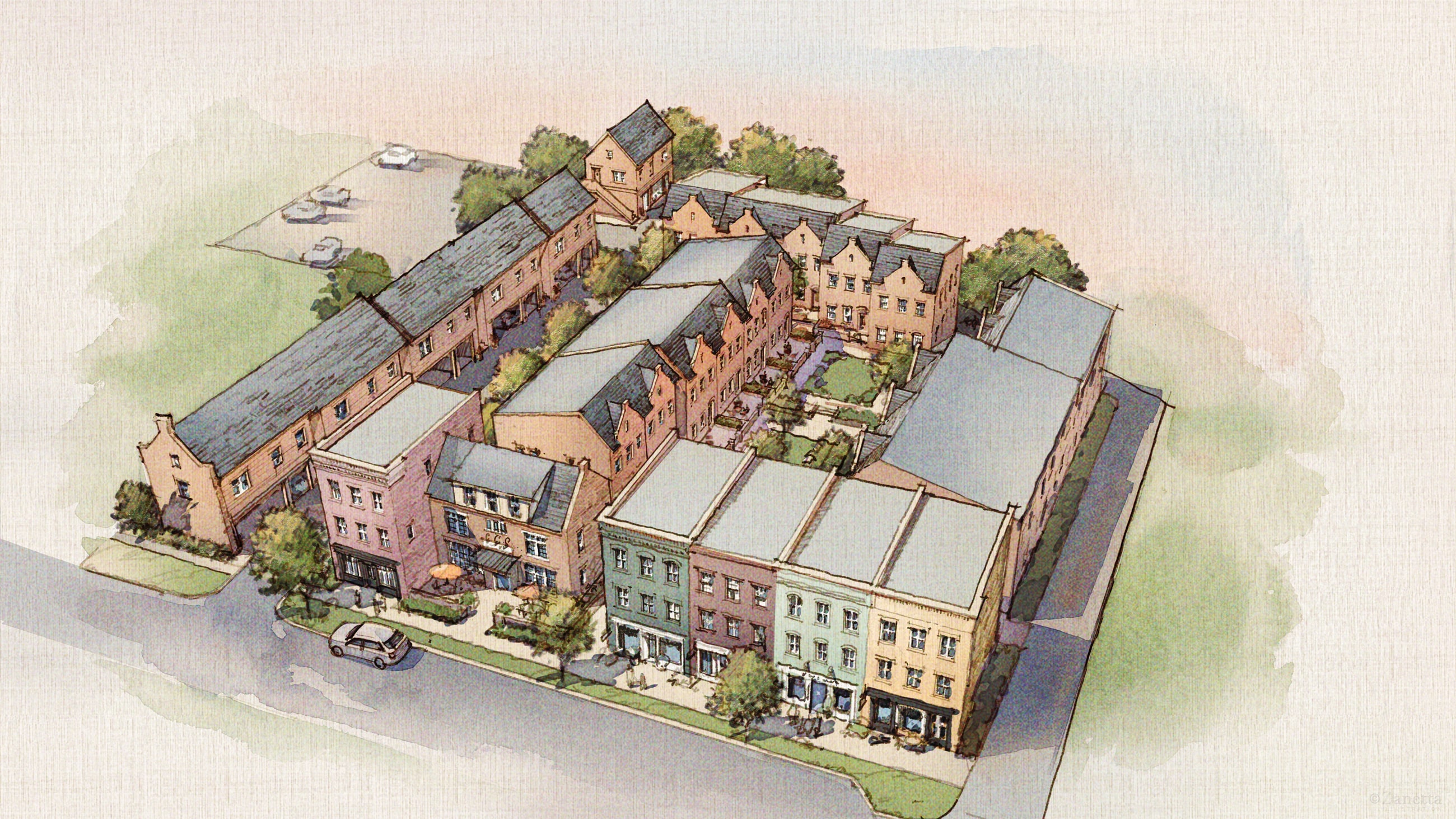 Watercolor aerial rendering of Wren in downtown Edmond — a block of attached brick townhomes with colored storefronts wrapped around shared interior courtyards
