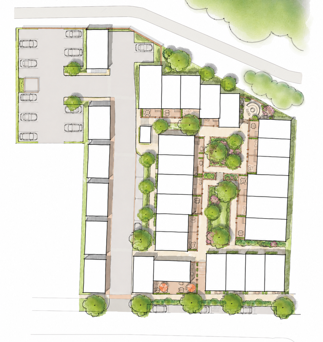 Aerial site plan rendering of Hurd Courts, showing the 34-unit pocket neighborhood layout
