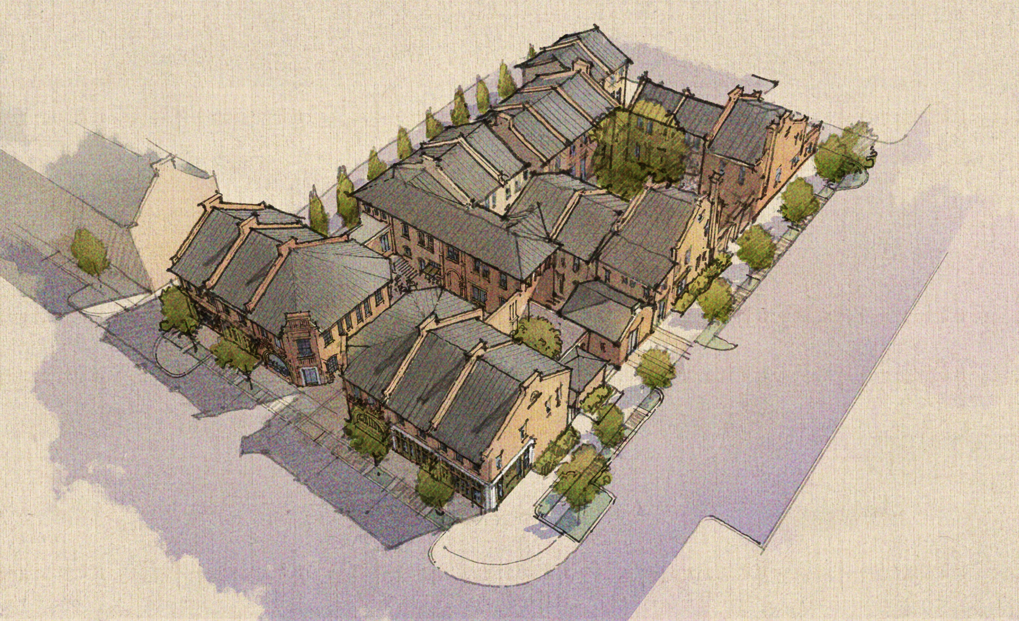 Aerial rendering of Townsend's townhome block in downtown Edmond — attached brick homes lining a walkable street, courtyards and trees between.