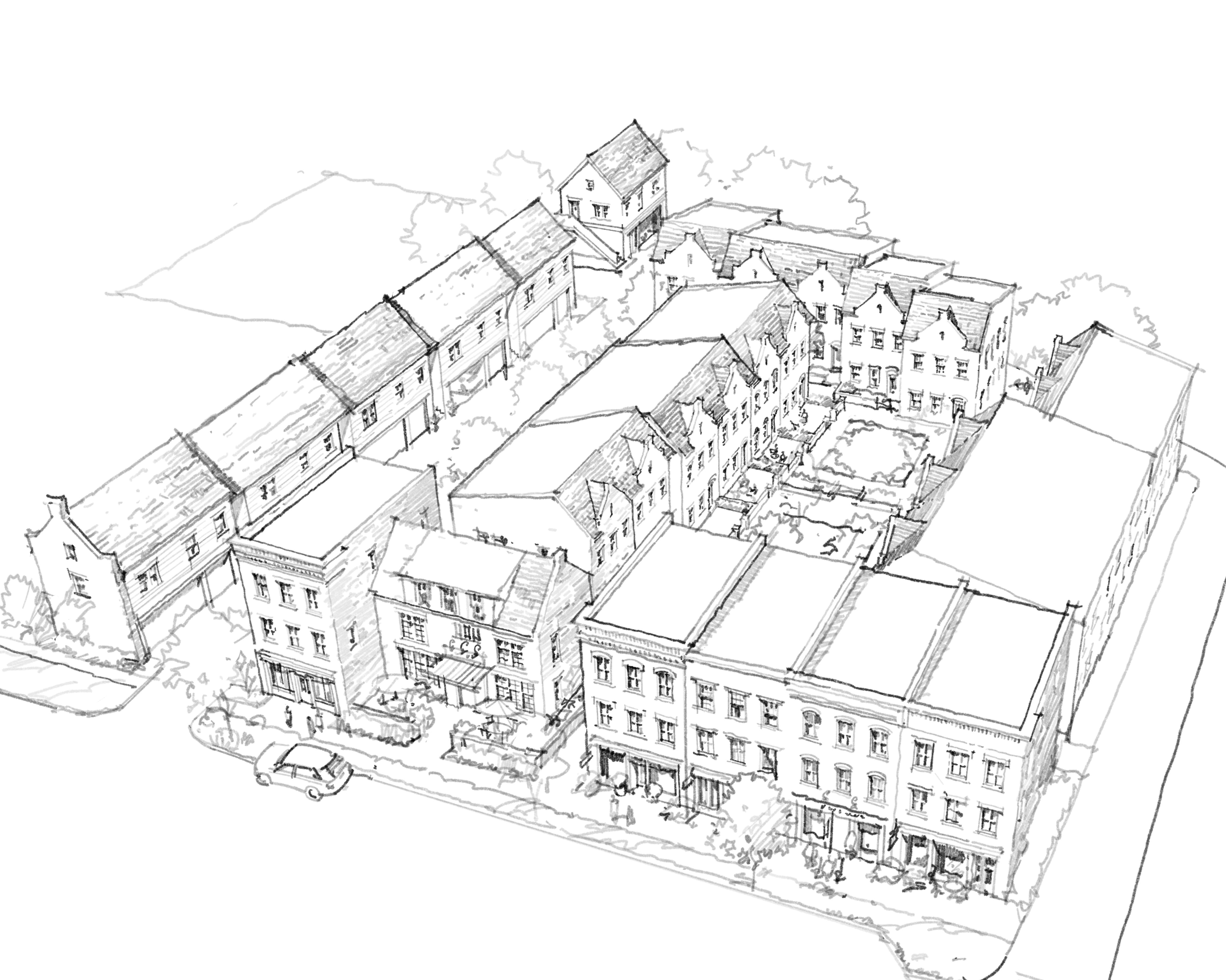 Pen-and-ink aerial rendering of Wren — a block of attached brick townhomes wrapped around shared interior courtyards